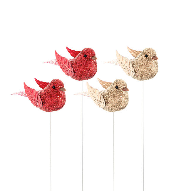 Mini Glitter Christmas Feather Bird wired Picks x 4pcs - Red & Gold
