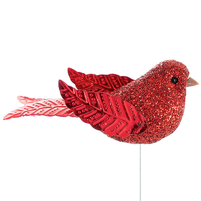 Mini Glitter Christmas Feather Bird wired Picks x 4pcs - Red & Gold