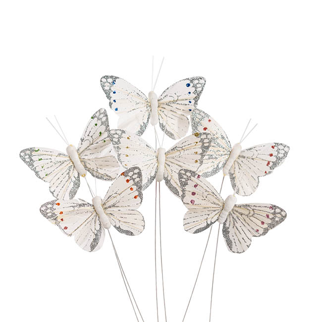 Feather Butterfly Wired Picks 12 Pack - White Glitter (Style 3)