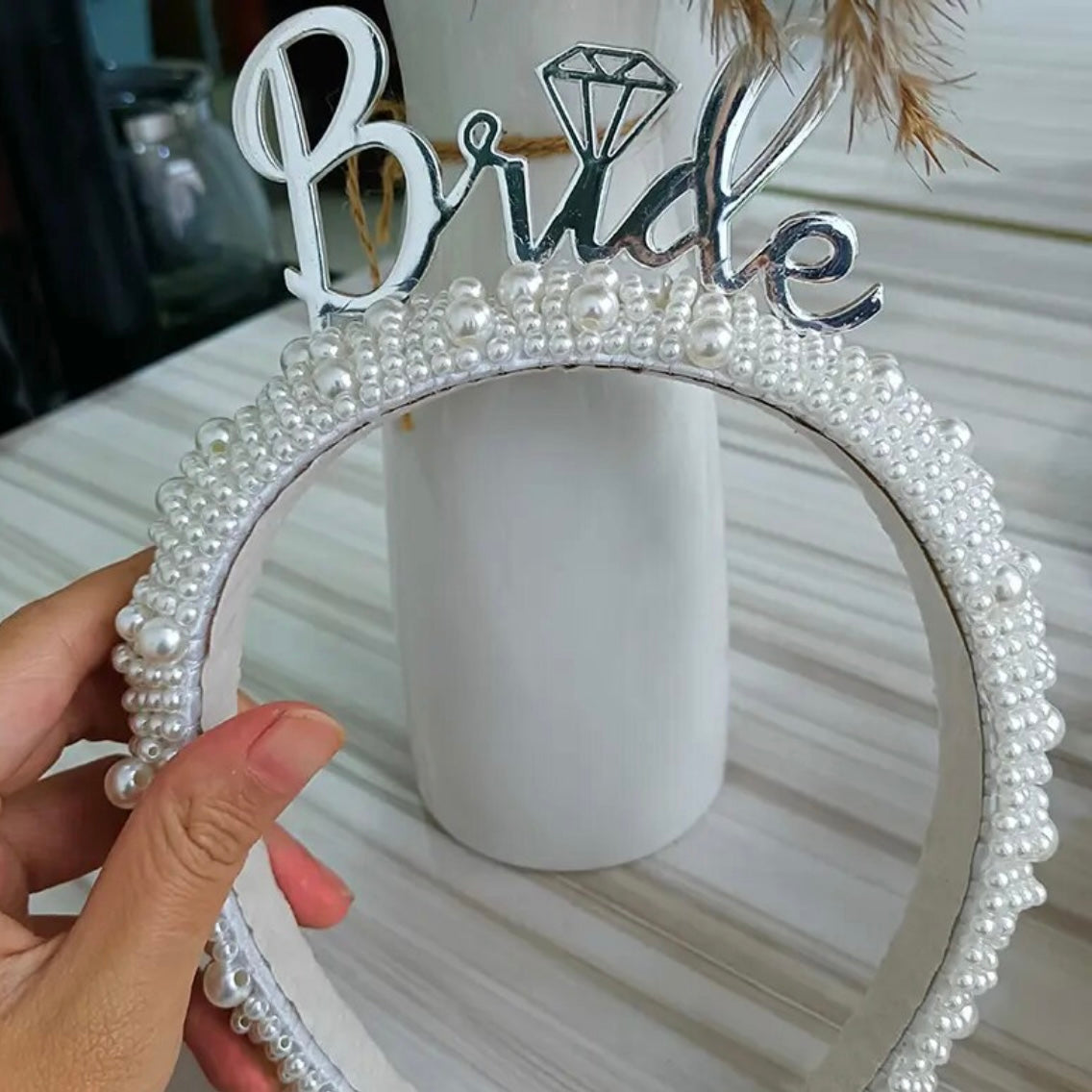 Bride to Be Bach Bachelorette Pearl Headband - Silver Bride