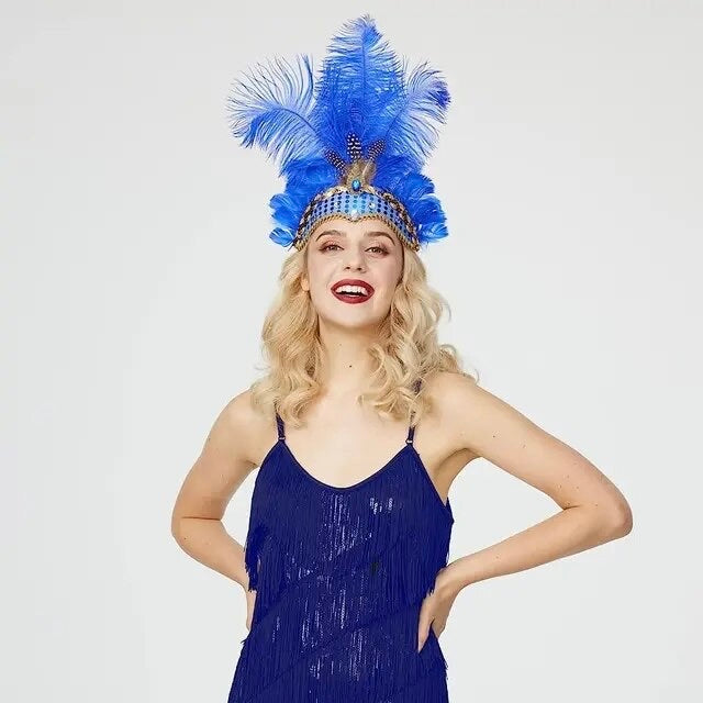 Rio Carnival Samba Sequin Ostrich Feather Showgirl Costume Headdress - Royal Blue
