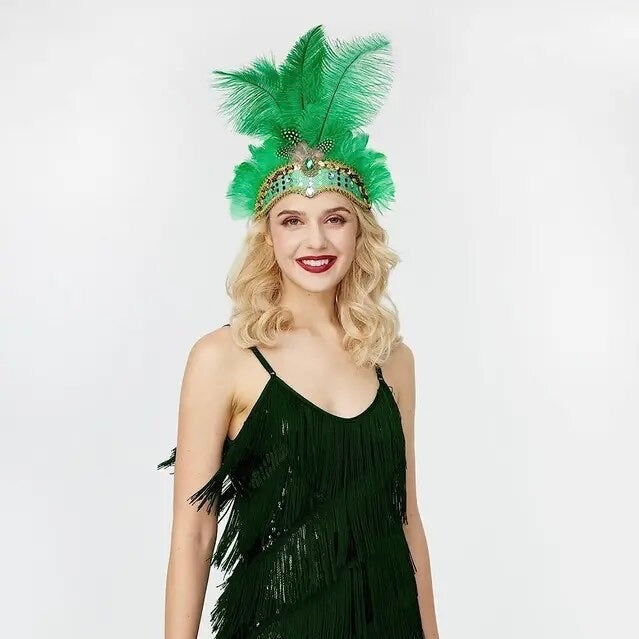 Rio Carnival Samba Sequin Ostrich Feather Showgirl Costume Headdress - Green