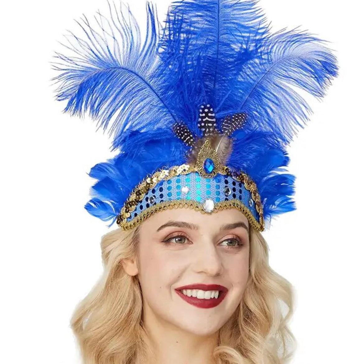 Rio Carnival Samba Sequin Ostrich Feather Showgirl Costume Headdress - Royal Blue