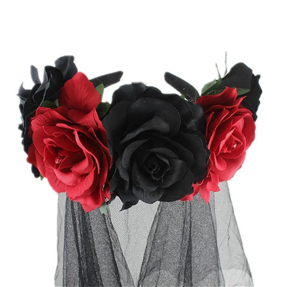 Halloween Day of the Dead Floral Flower Headband with Veil - Style 8