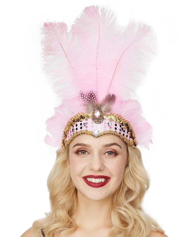 Rio Carnival Samba Sequin Ostrich Feather Showgirl Costume Headdress - Pink