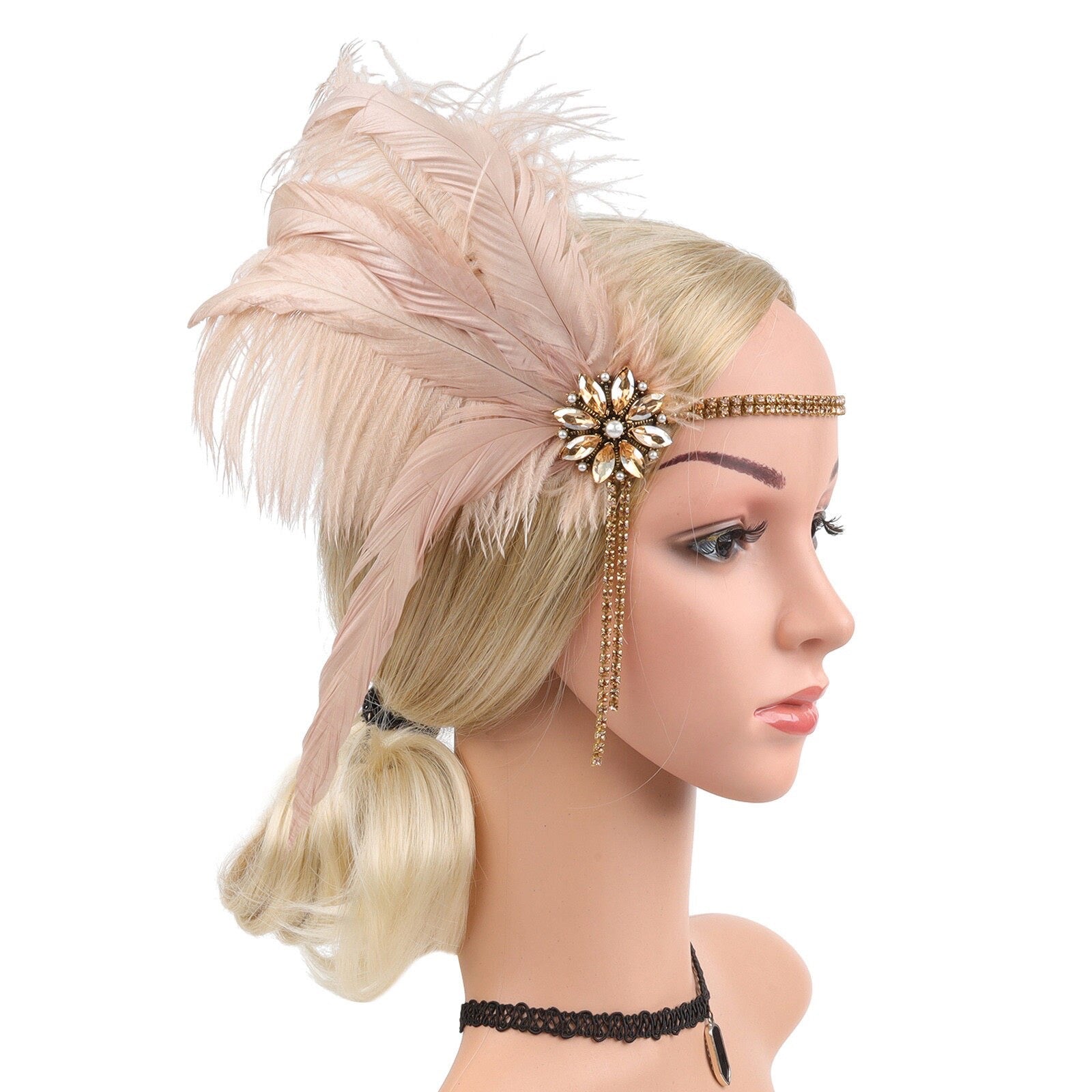 Great Gatsby 1920's Flapper Feather Headdress Fancy Dress - Champagne (Style 33)