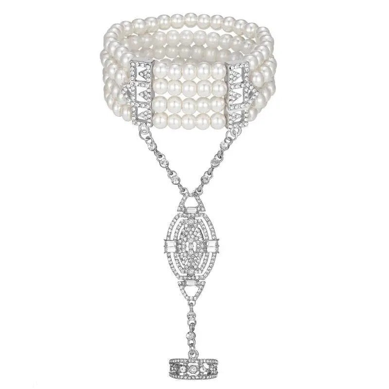 Great Gatsby 1920's Flapper Faux Pearl Bracelet - Silver (Style 3)