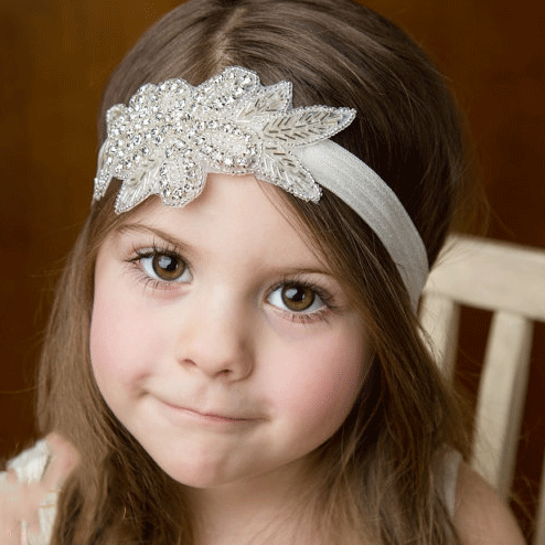 Sweet Crystal Appliqué Crown Baby Girls Christening / Baptism Nylon Headband - White (Style 5)