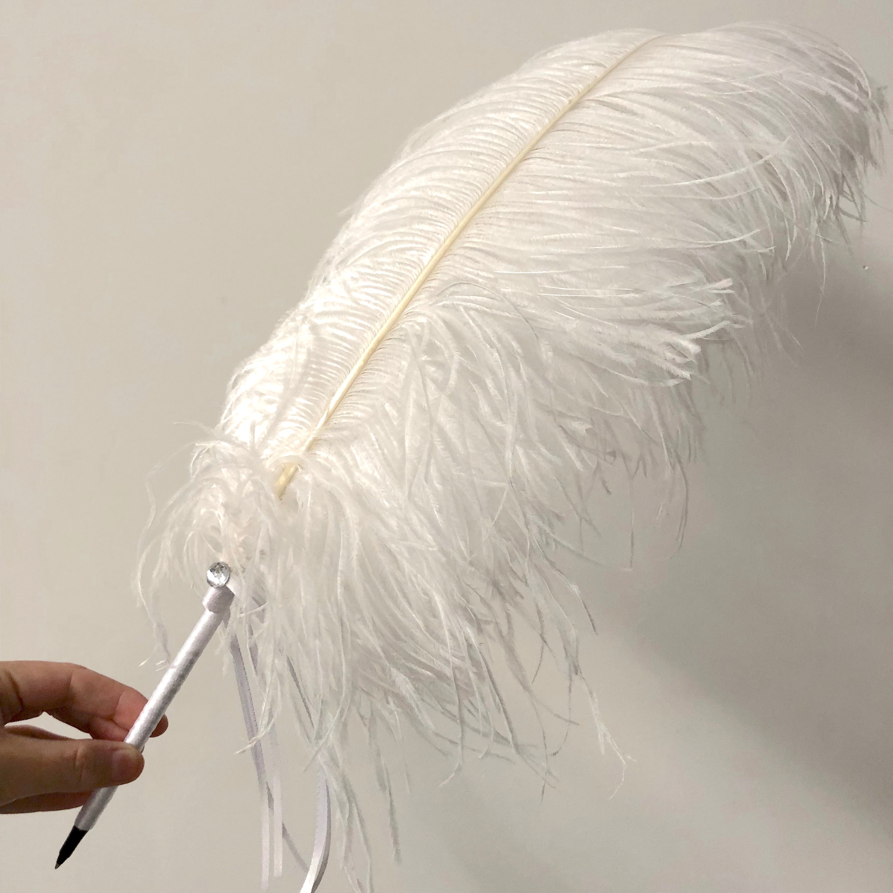 Ostrich Wing Feather Wedding Ceremony Signing Pen & Crystal Stand - White