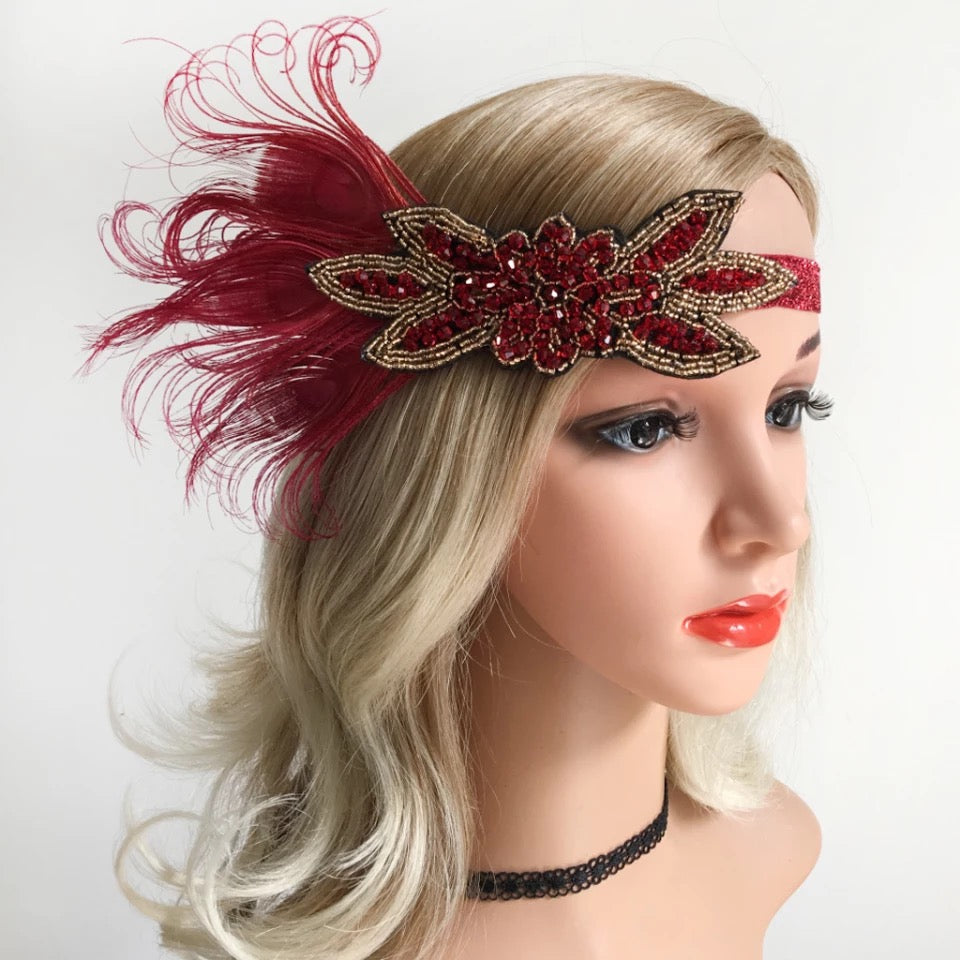 Great Gatsby 1920's Flapper Headdress Fancy Dress - Burgundy Red (Style 3)