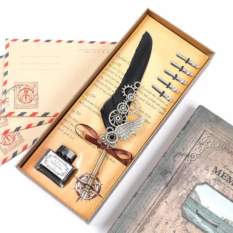 Deluxe Gift Boxed Retro Feather Calligraphy Dip Quill Pen Set - Black Goose Flight Wing