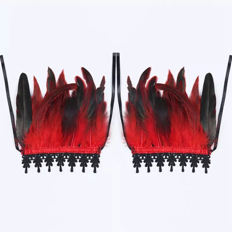 Gothic Victorian Cosplay Feather Wrist Cuffs - Red