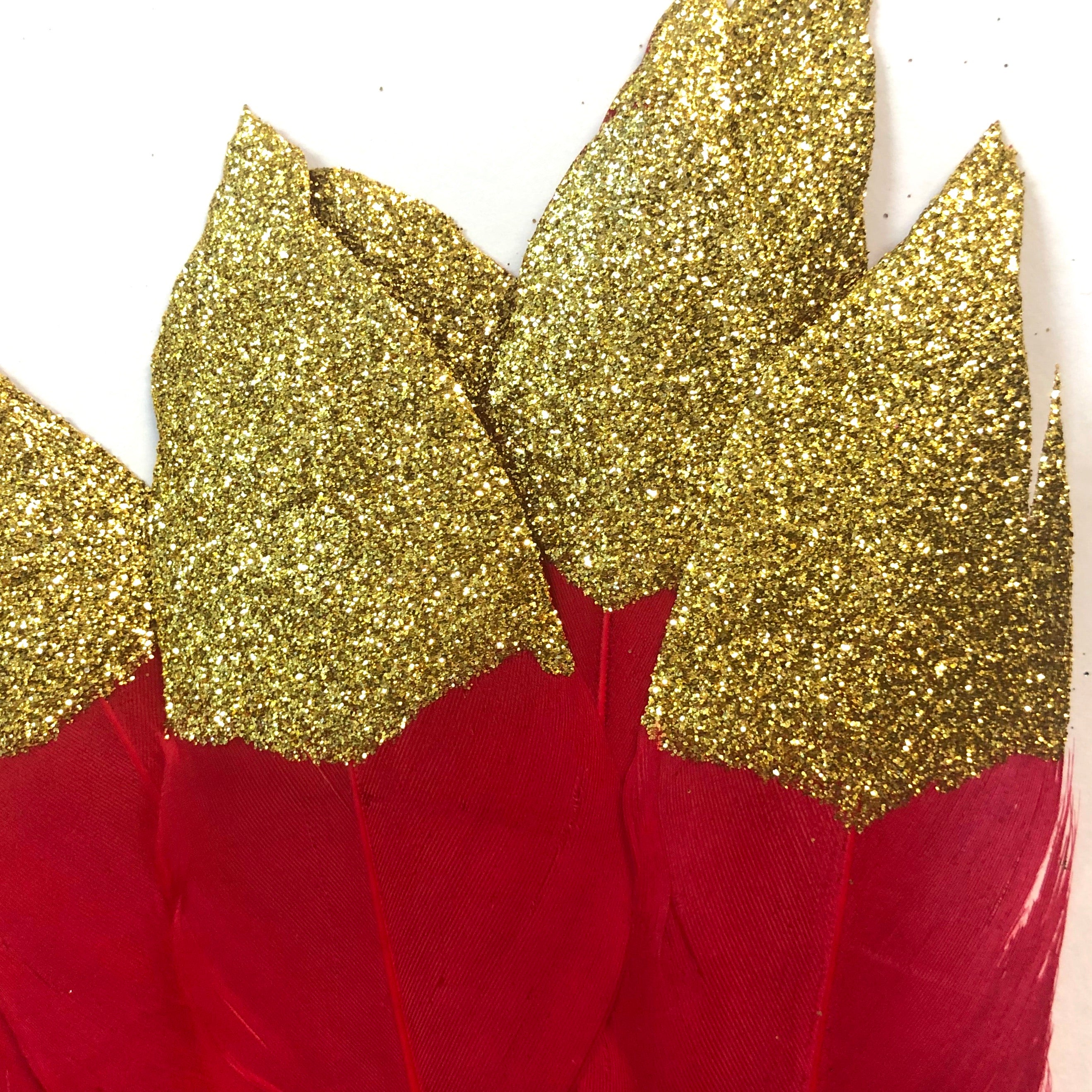 Goose Pointer Feather Gold Glitter Tipped x 10 pcs - Red - Style 26