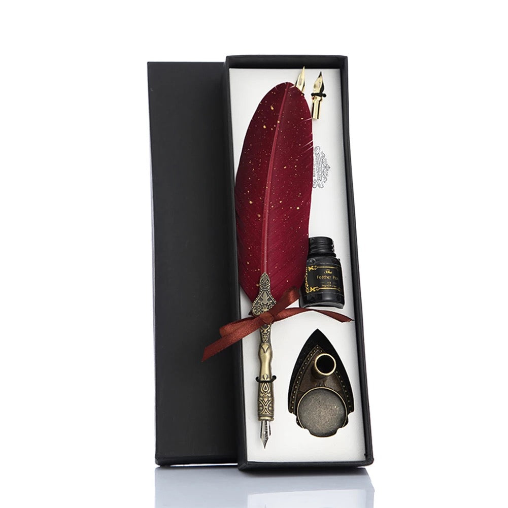 Deluxe Gift Boxed Retro Feather Calligraphy Dip Quill Pen Set - Burgundy with Gold Speckle Goose