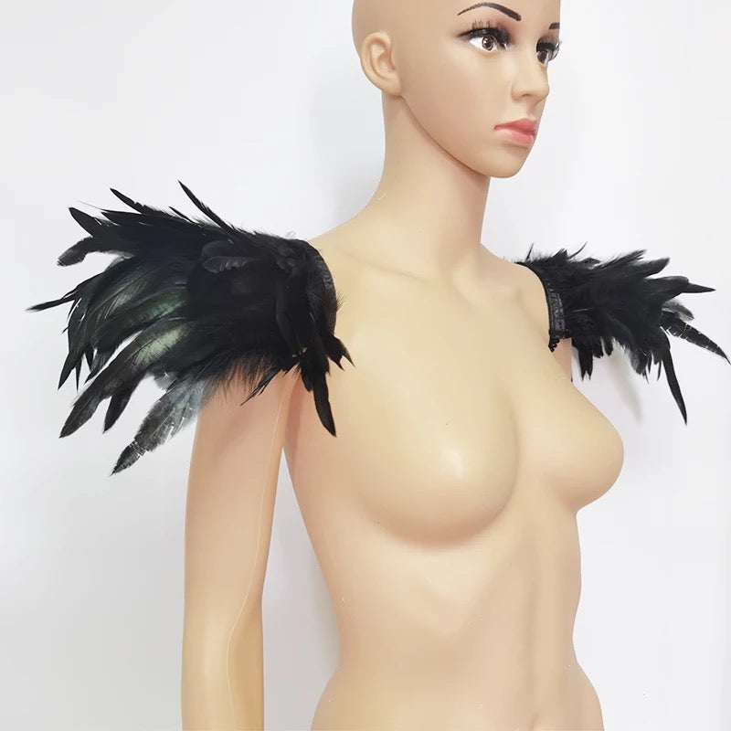 Gothic Victorian Cosplay Feather Shoulder Pad Epaulettes - Black