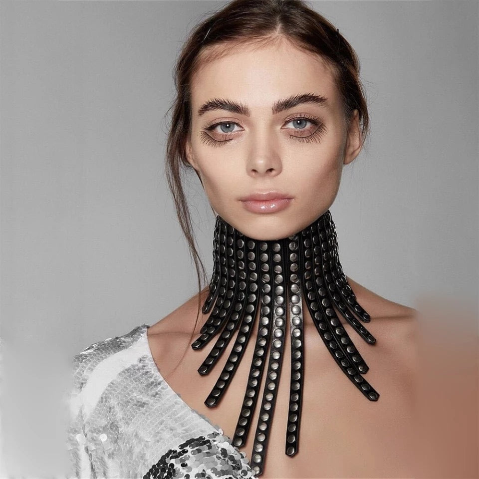 Gothic Victorian Cosplay Punk PU Leather Studded Choker Neck Wrap Collar - Black