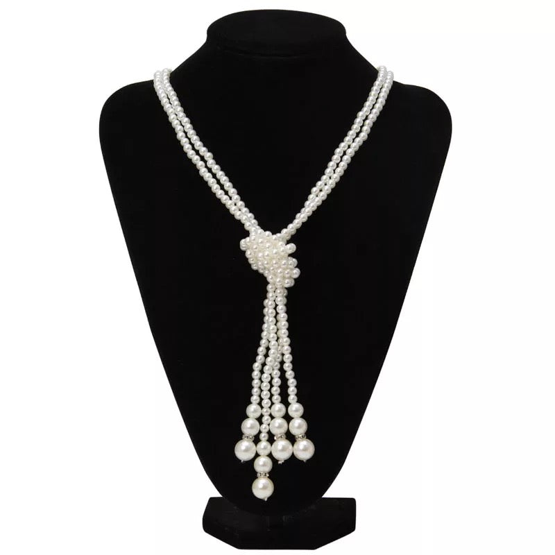 Great Gatsby 1920's Flapper DOUBLE Faux Pearl Knot Necklace