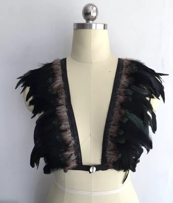 Victorian Cosplay Goth Feather Body Harness - Black (Style 3)