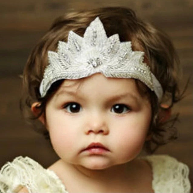 Sweet Crystal Appliqué Crown Baby Girls Christening / Baptism Nylon Headband - White (Style 4)