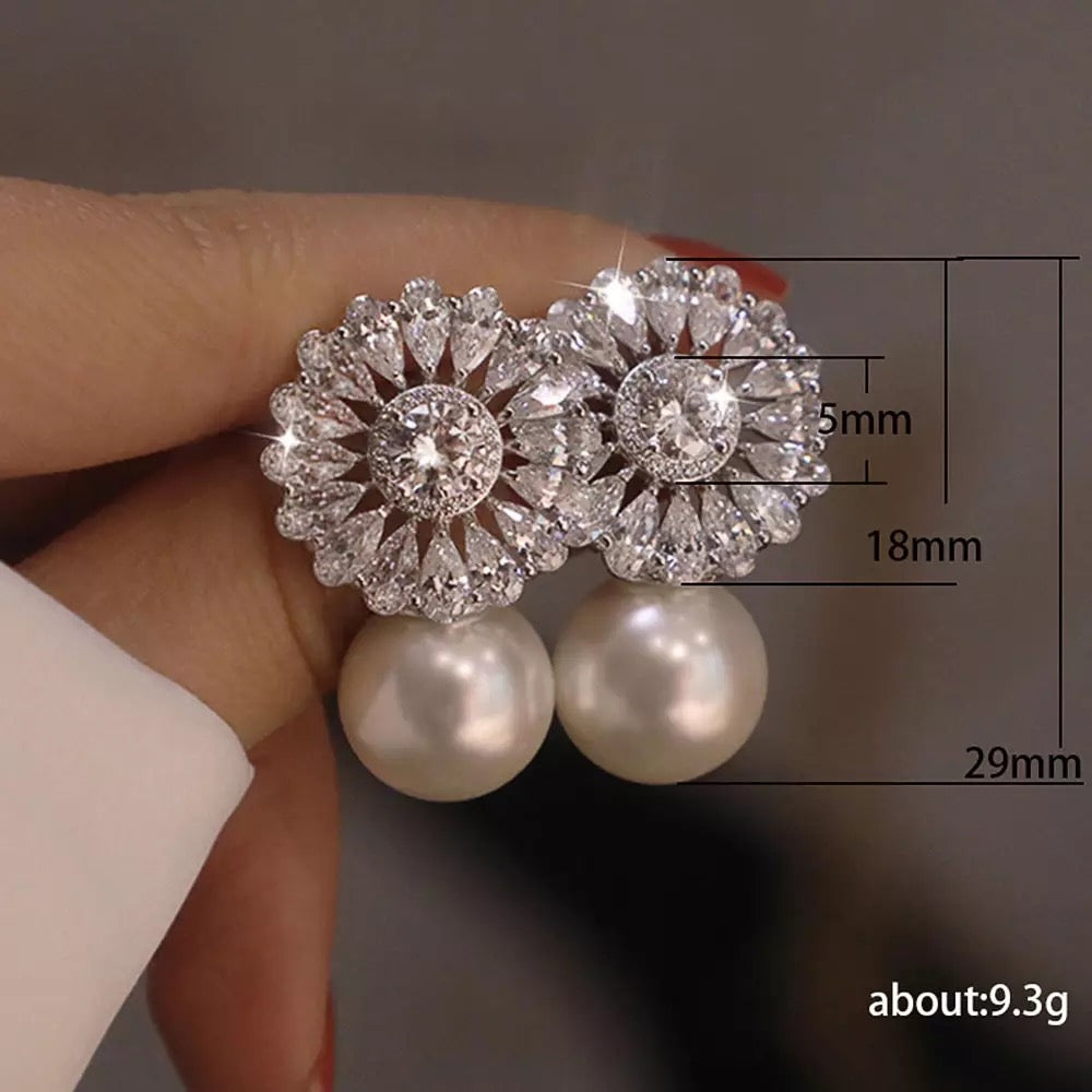 Great Gatsby 1920's Cubic Zirconia and Pearl Earrings - Silver (Style 11)