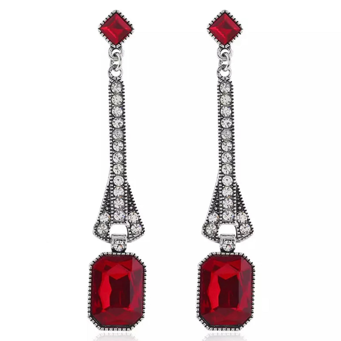 Great Gatsby 1920's Crystal Rhinestone Art Deco Drop Earrings - Red (Style 18)