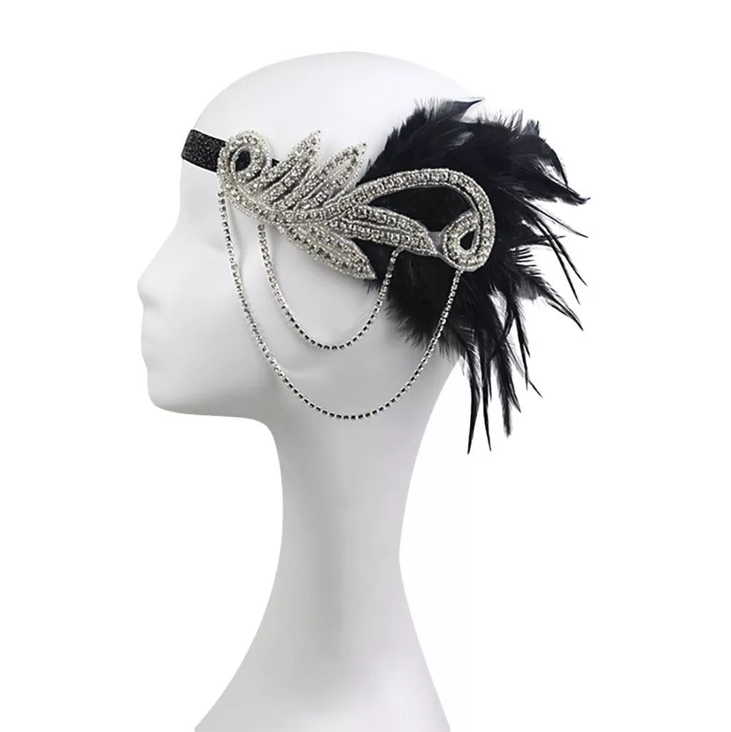 Great Gatsby 1920's Flapper Feather Headdress Fancy Dress - Silver and Black (Style 18)
