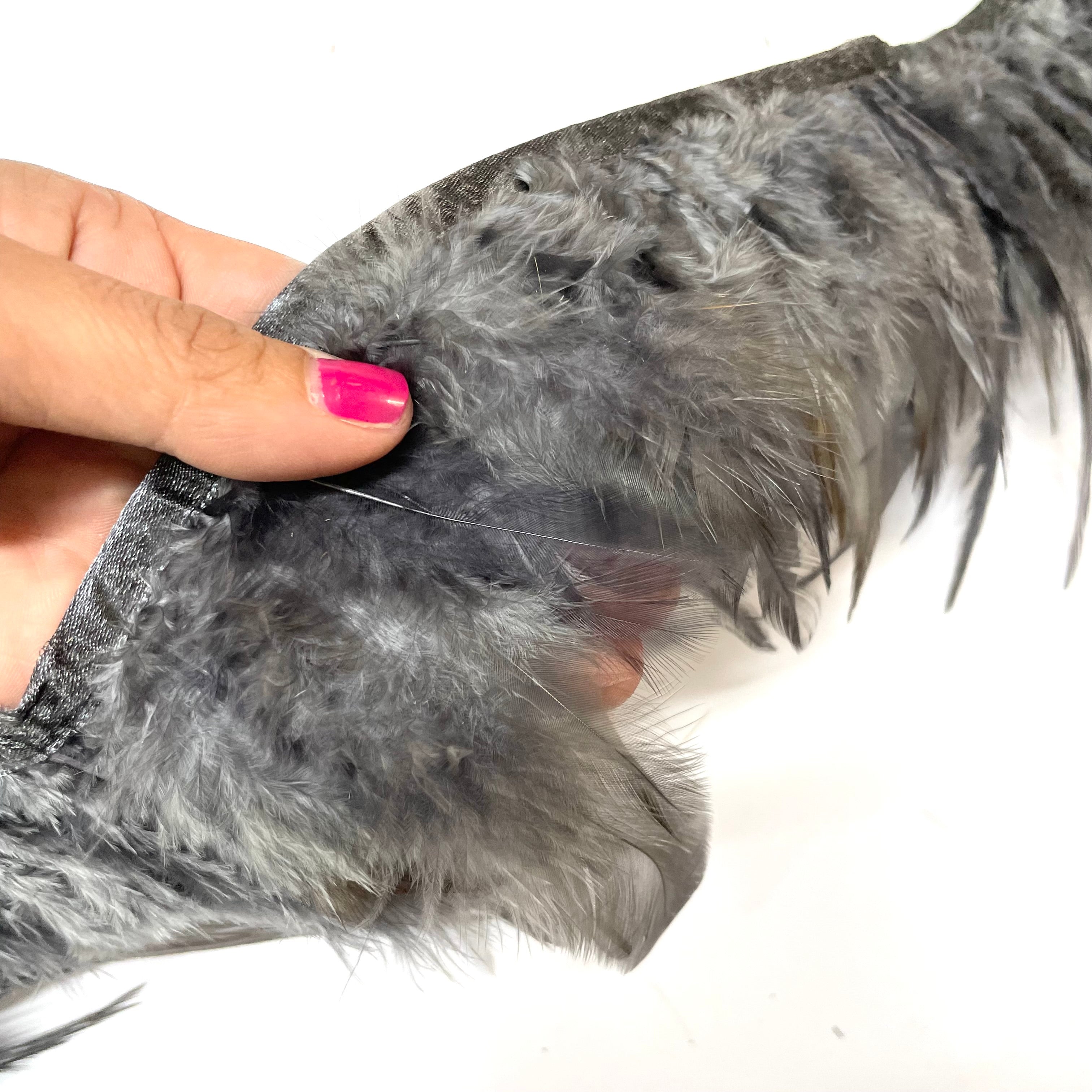 Hackle Saddle Rooster Feather RIBBON Strung per metre - Dark Grey