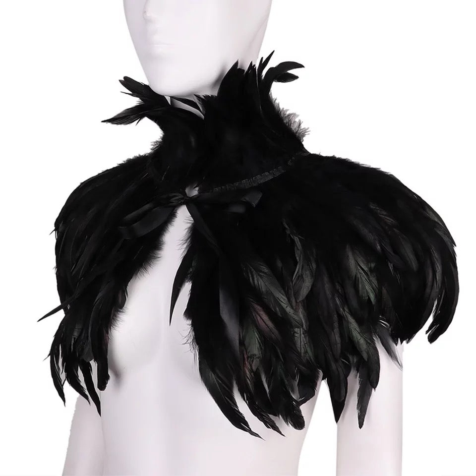 Victorian Cosplay Goth Feather Cape Shawl - Black (Style 11)