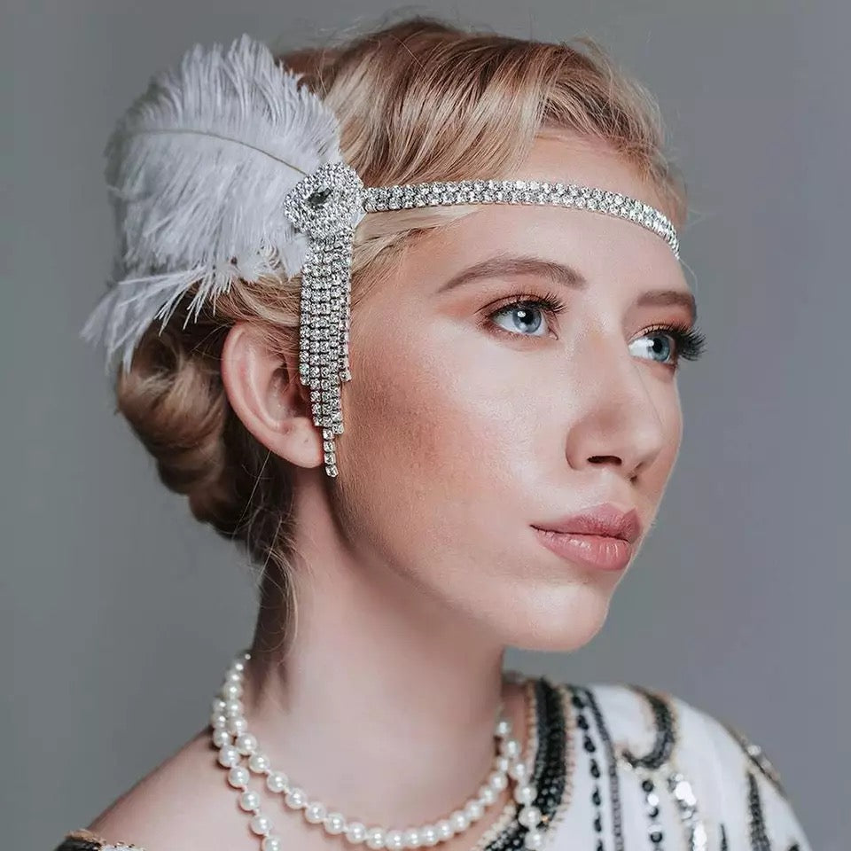Great Gatsby 1920's Flapper Feather Headdress Fancy Dress - White (Style 26)