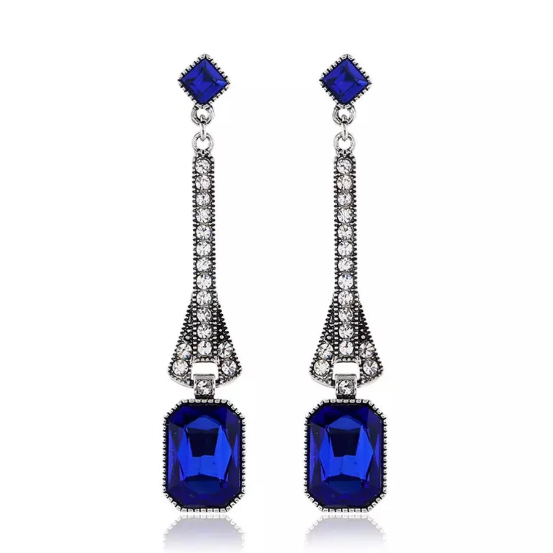 Great Gatsby 1920's Crystal Rhinestone Art Deco Drop Earrings - Royal Blue (Style 18)