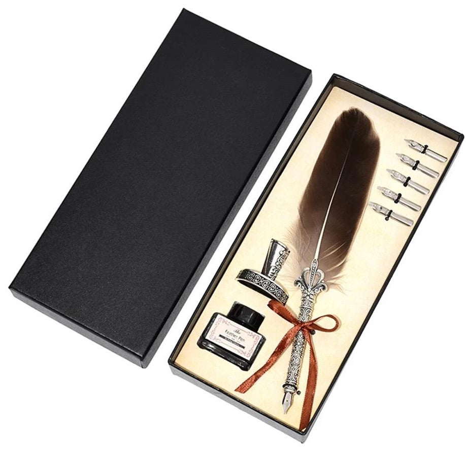 Deluxe Gift Boxed Retro Feather Calligraphy Dip Quill Pen Set - Natural Goose
