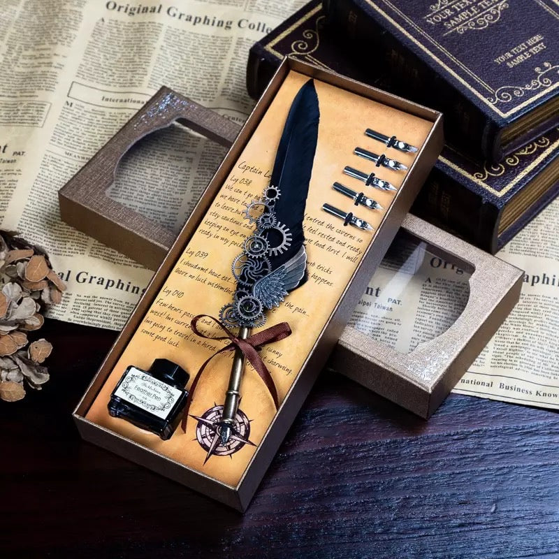 Deluxe Gift Boxed Retro Feather Calligraphy Dip Quill Pen Set - Black Goose Flight Wing