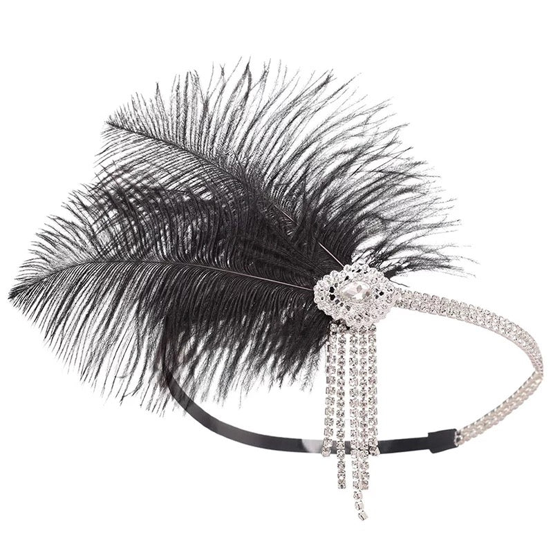 Great Gatsby 1920's Flapper Feather Headdress Fancy Dress - Black (Style 26)