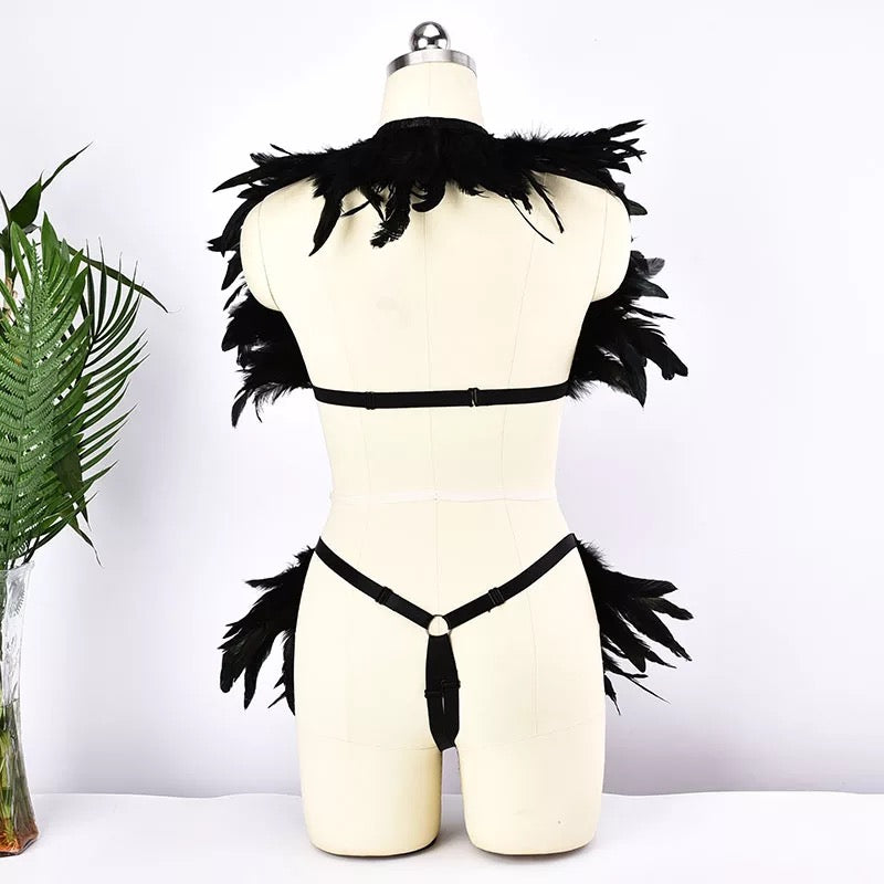 Victorian Cosplay Goth Feather Body Harness and Brief SET - Black (Style 10)