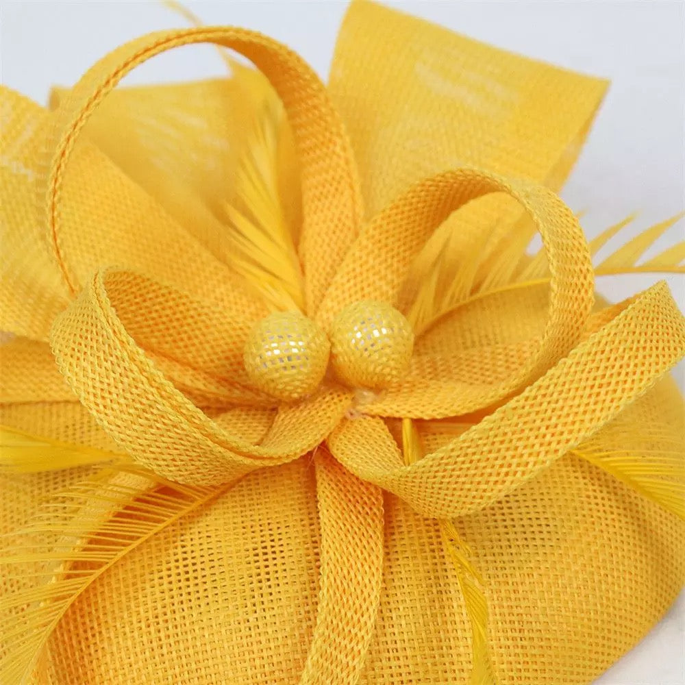 Round Button Feather Headband Fascinator - Yellow