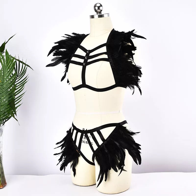 Victorian Cosplay Goth Feather Body Harness and Brief SET - Black (Style 10)
