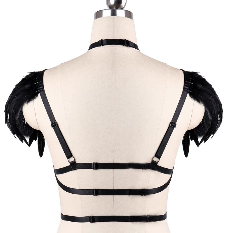 Victorian Cosplay Goth Feather Body Harness - Black (Style 12)