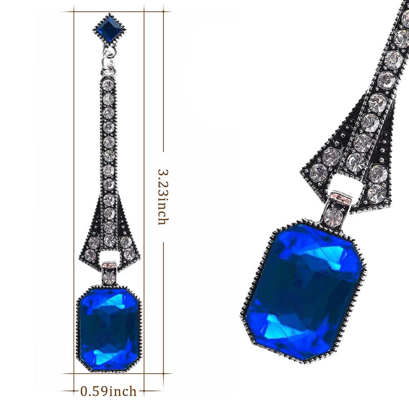 Great Gatsby 1920's Crystal Rhinestone Art Deco Drop Earrings - Royal Blue (Style 18)