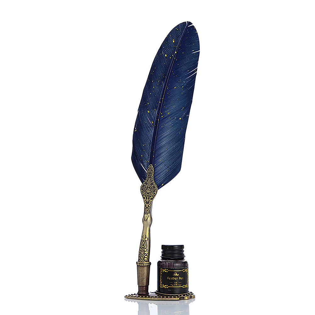 Deluxe Gift Boxed Retro Feather Calligraphy Dip Quill Pen Set - Midnight Blue with Gold Speckle Goose