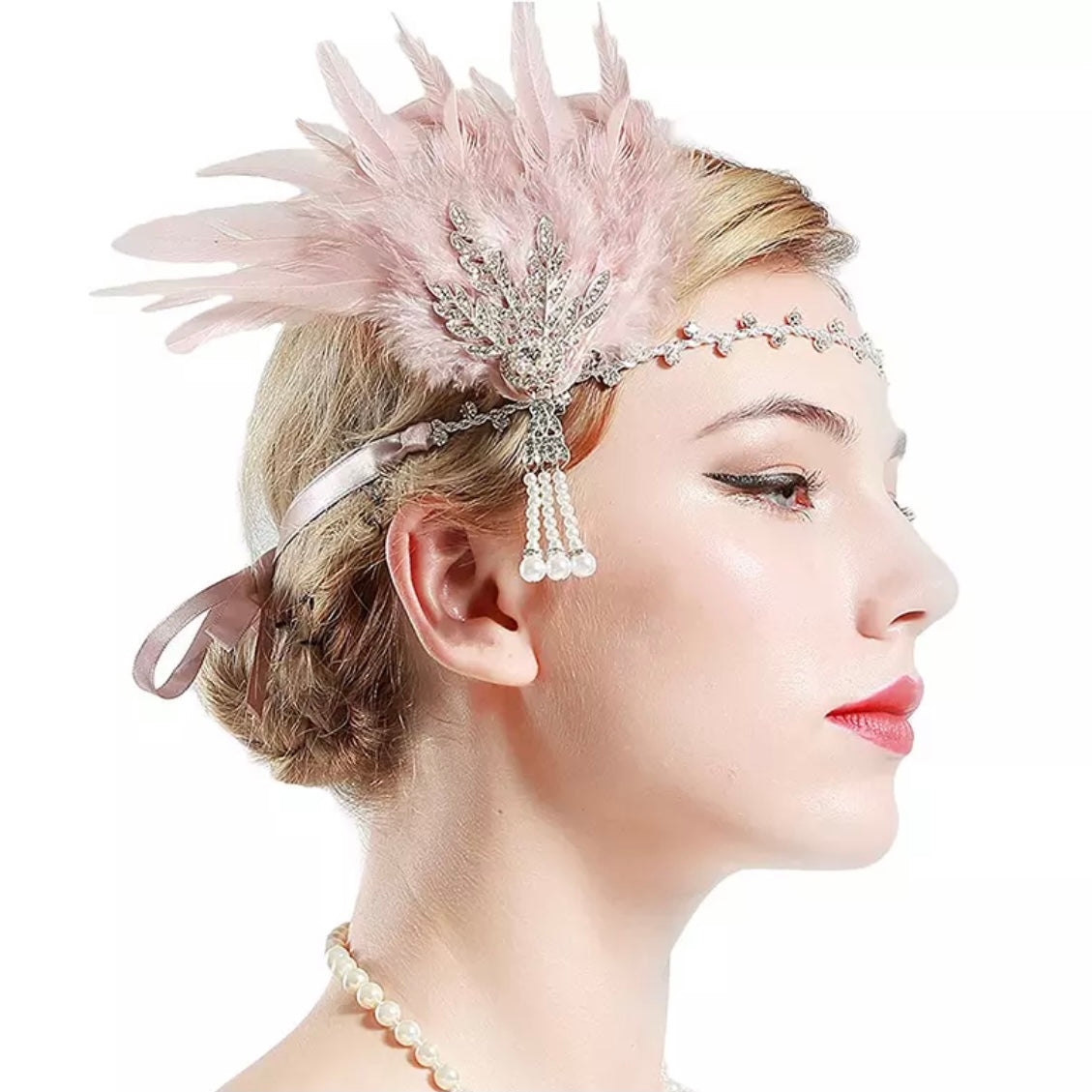 Great Gatsby 1920's Flapper Feather Headdress Fancy Dress - Pink (Style 19)