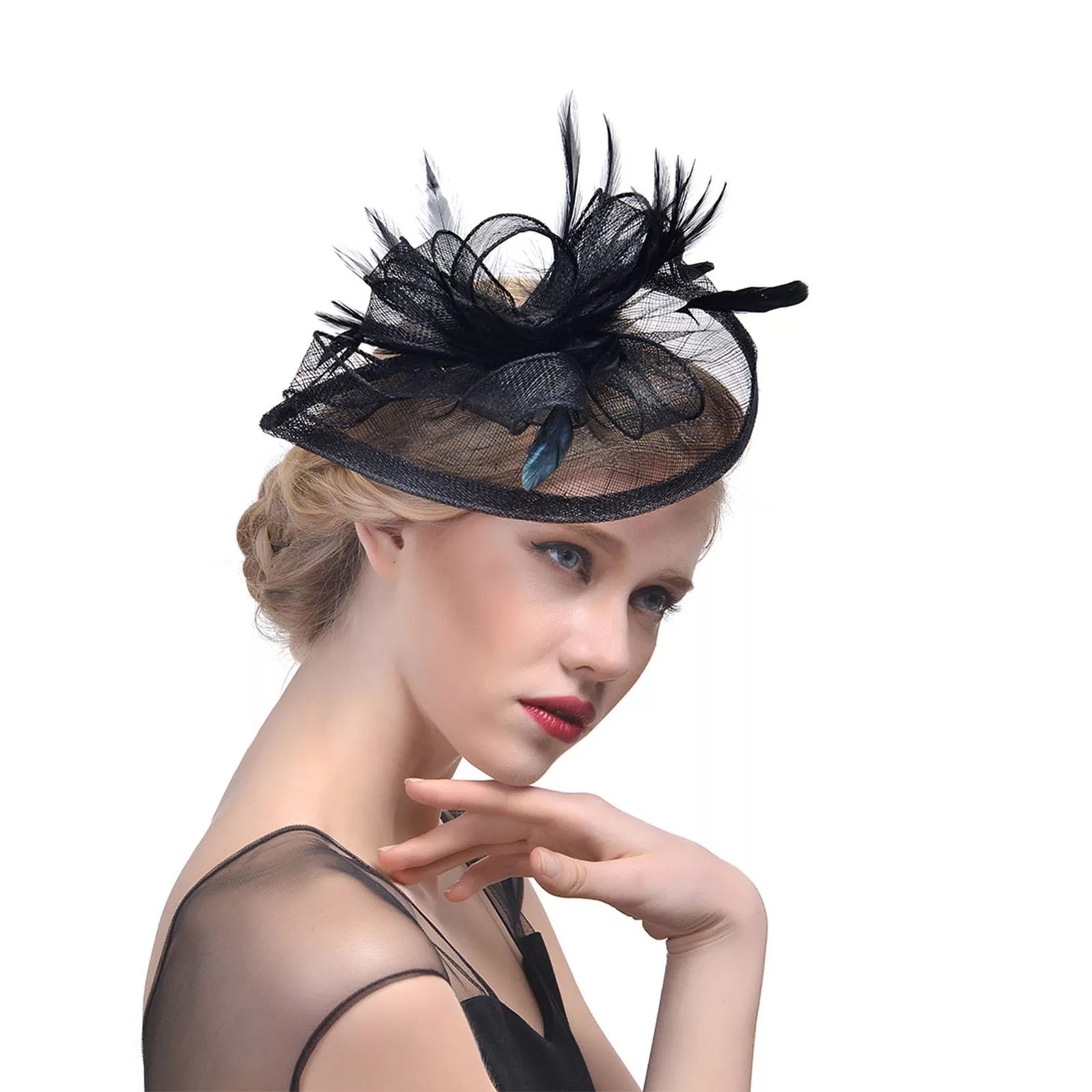 Sinamay Swirl and Feather Headband Fascinator - Black