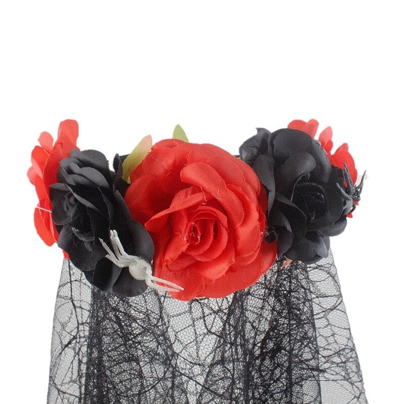 Halloween Day of the Dead Floral Flower Headband with Veil - Style 2