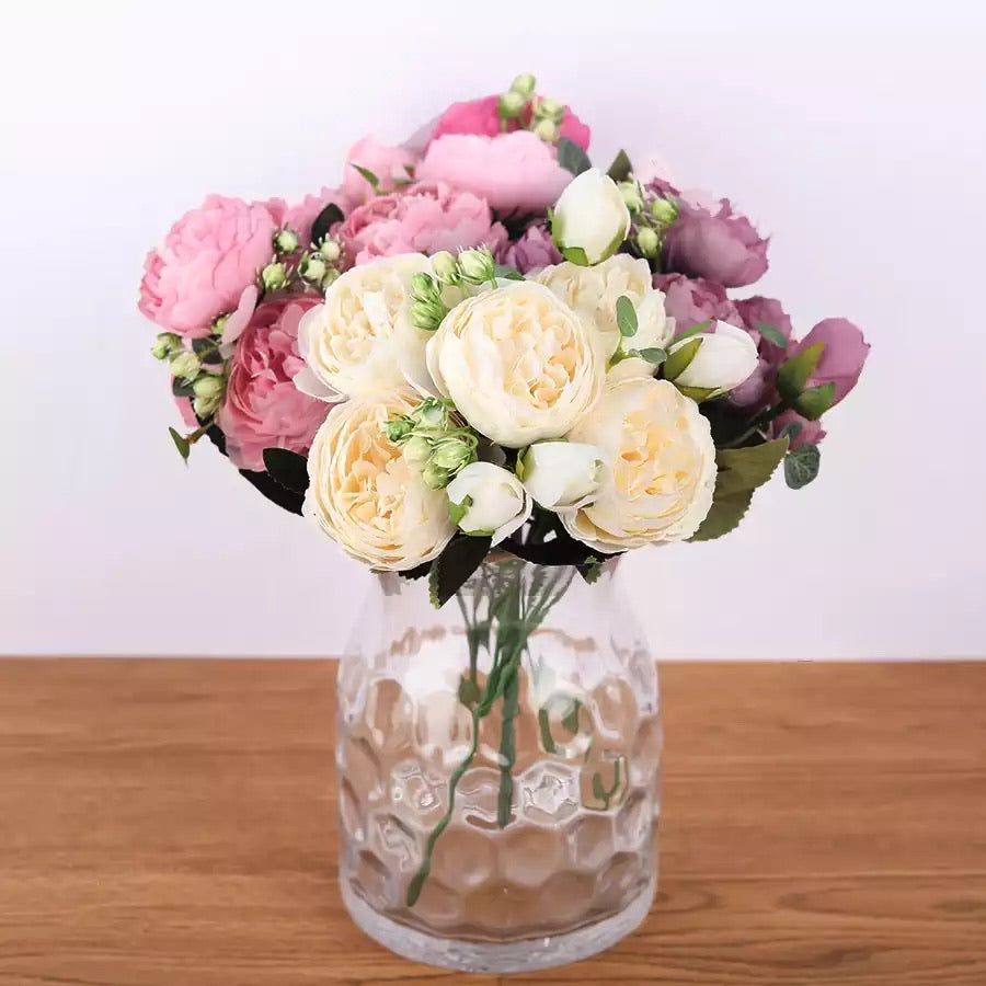 Artificial Silk David Austin Rose Mix Flower Bouquet Bunch - Pink / Hot Pink