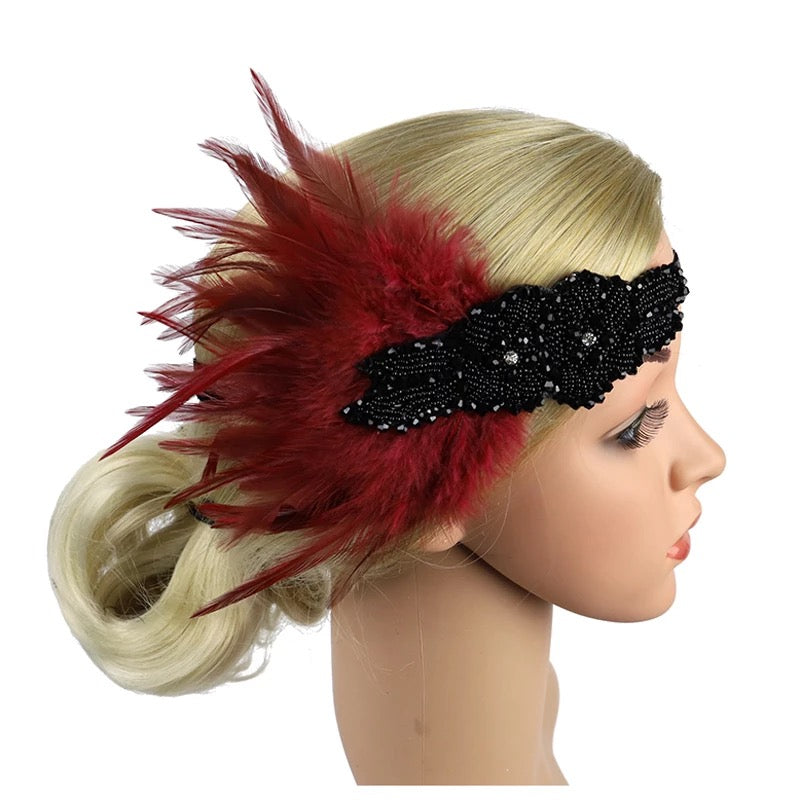 Great Gatsby 1920's Flapper Feather Headdress Fancy Dress - Burgundy (Style 7)