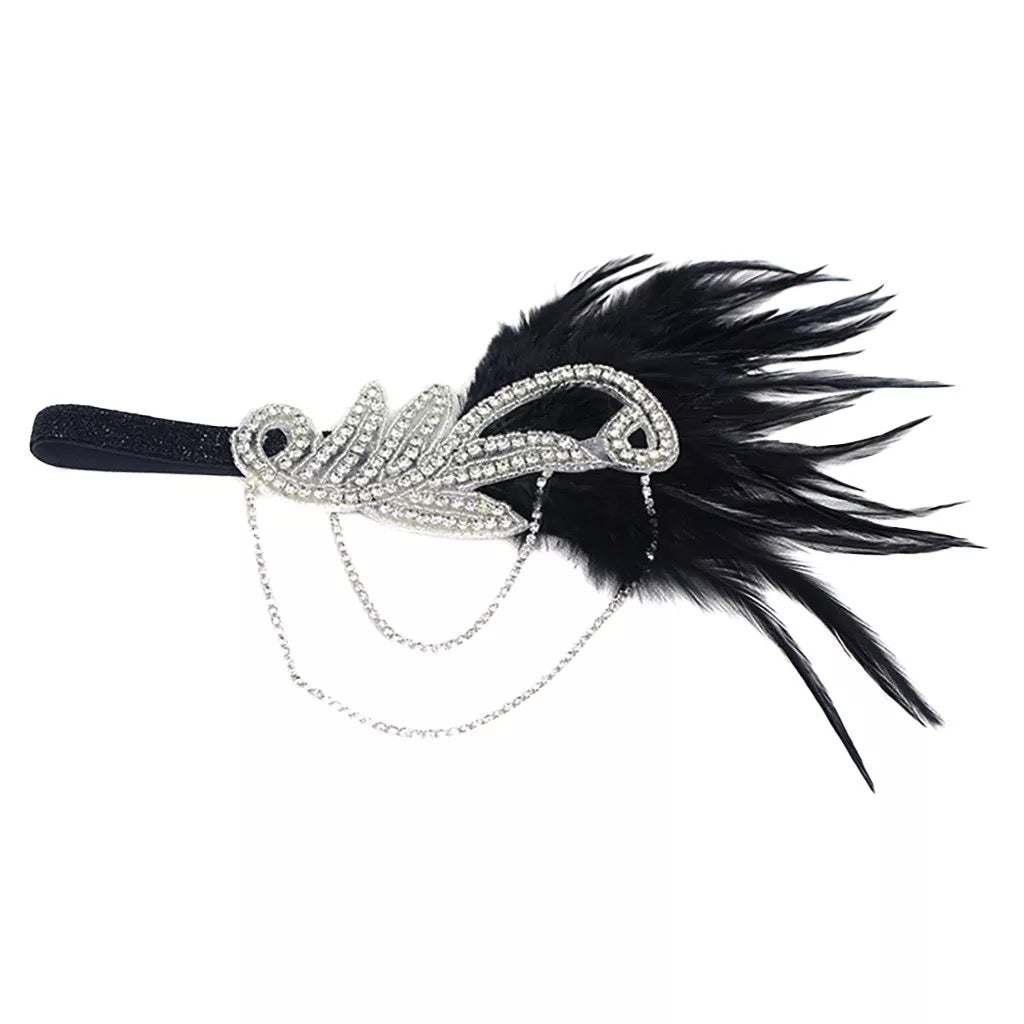 Great Gatsby 1920's Flapper Feather Headdress Fancy Dress - Silver and Black (Style 18)
