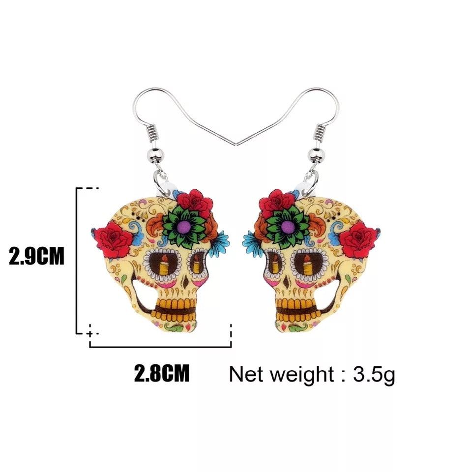 Day of the Dead Floral Sugar Skull Floral Earrings - (Style 24)