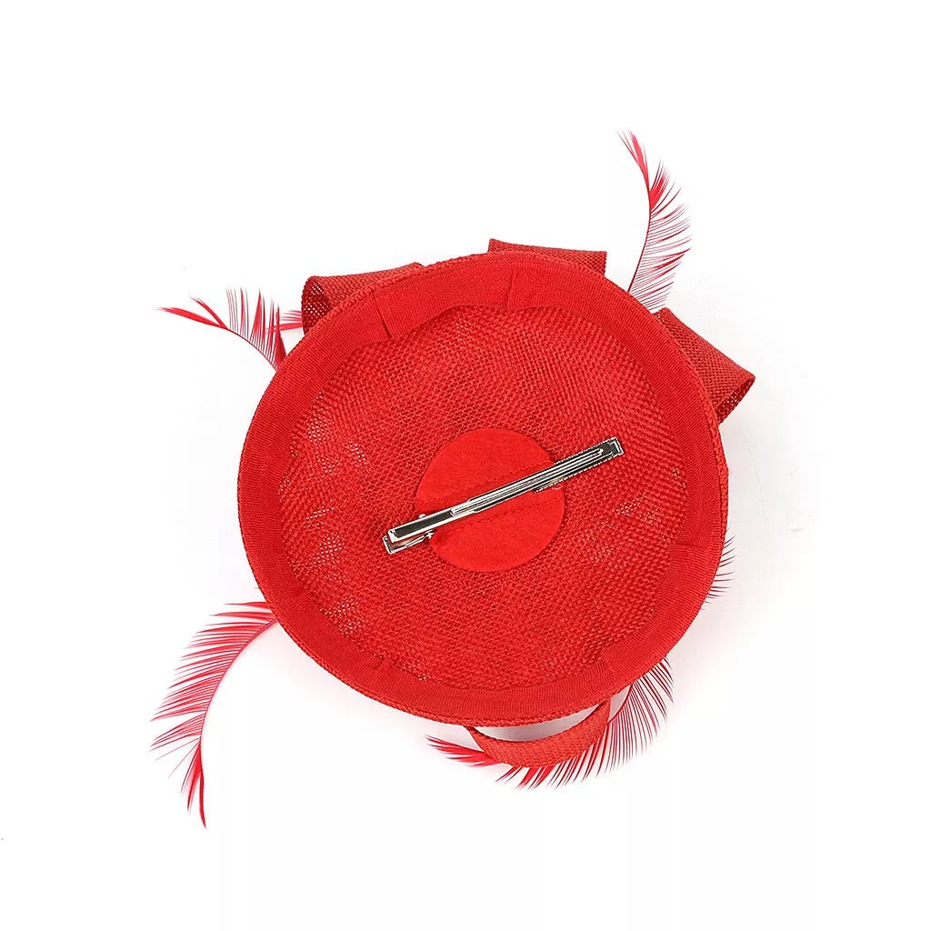 Round Button Feather Headband Fascinator - Red