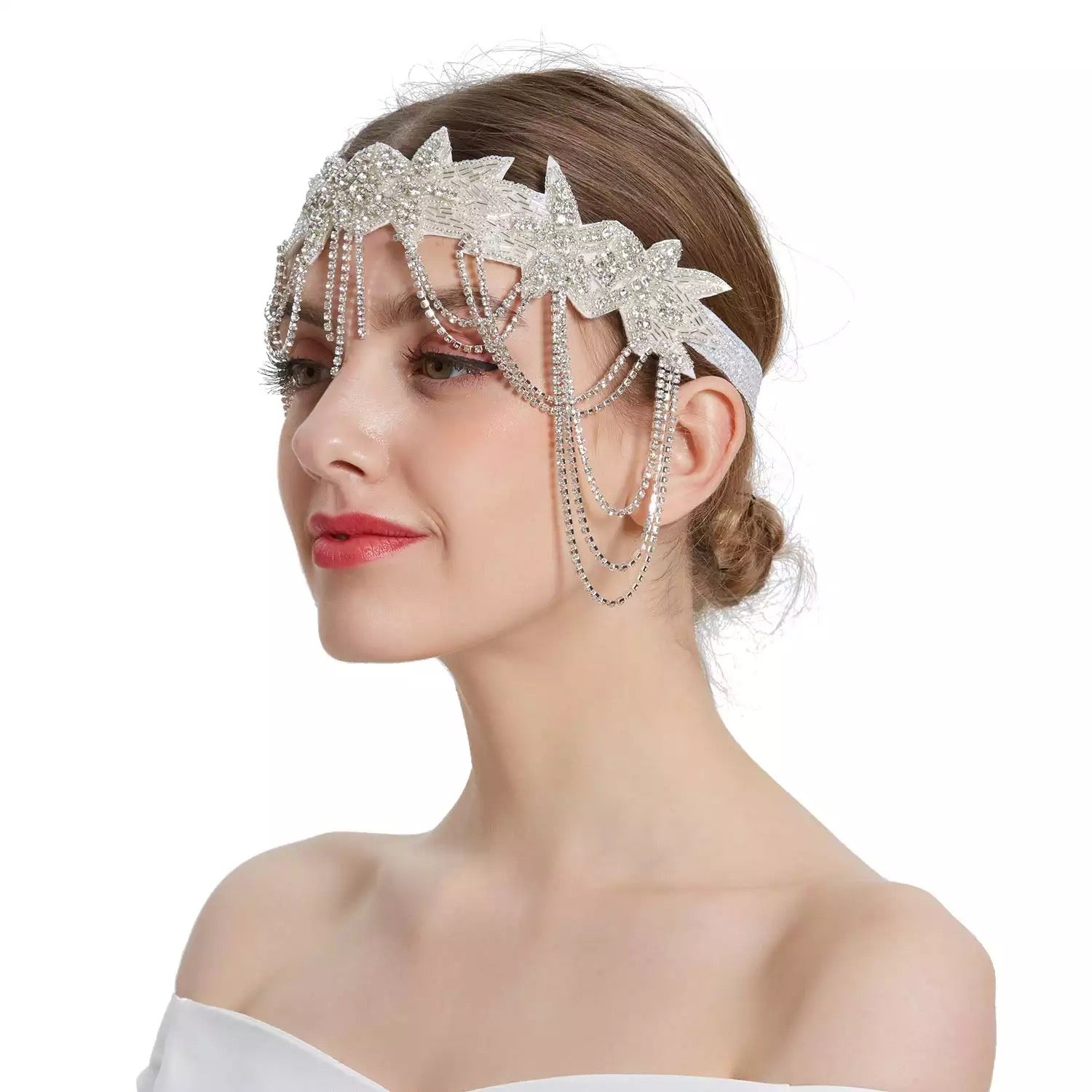 Great Gatsby 1920's Bridal Flapper Feather Headdress Fancy Dress - White (Style 27)