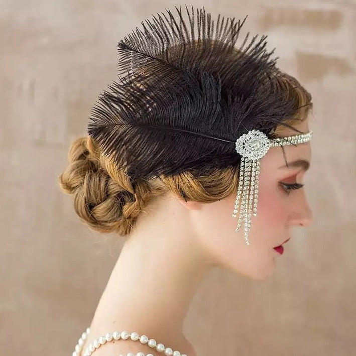 Great Gatsby 1920's Flapper Feather Headdress Fancy Dress - Black (Style 26)