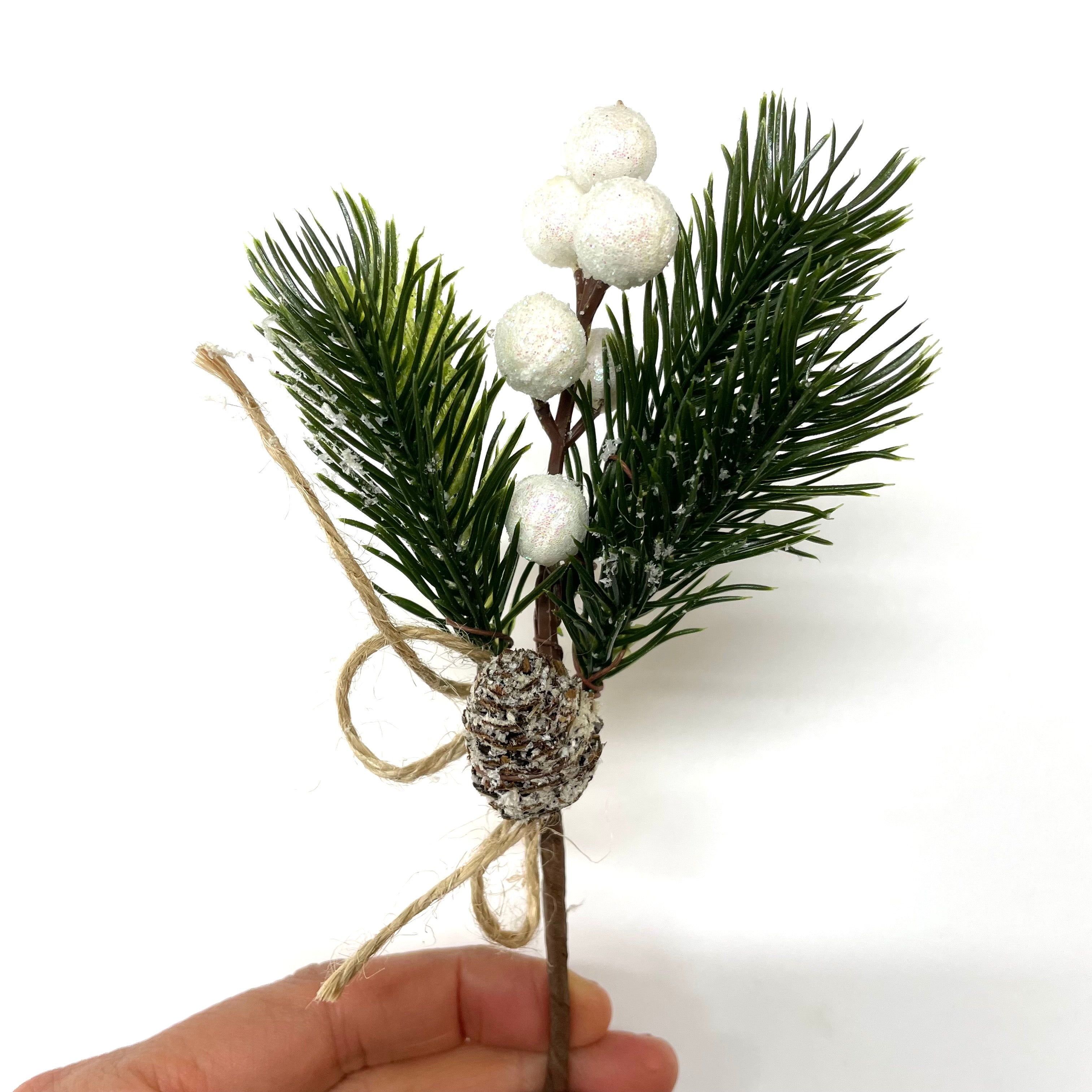 Festive Christmas Snow Forest Pine Cone & Holly Pick - White Berry